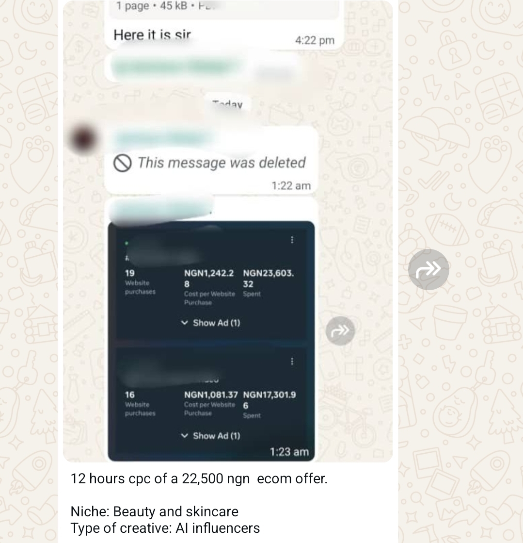 WhatsApp message from a skincare business reporting orders and return on ad spend
