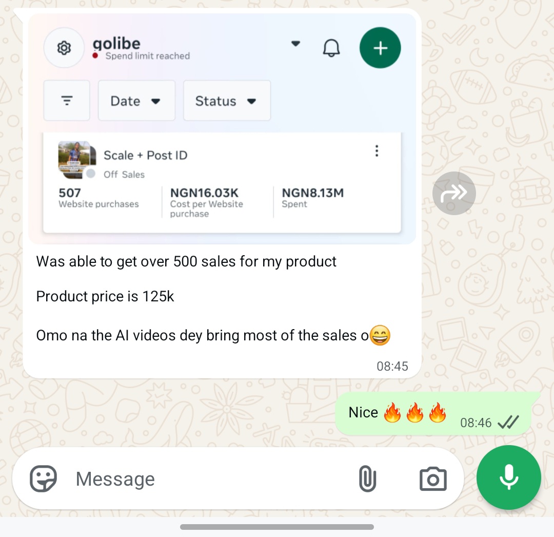 WhatsApp message from a business owner reporting sales figures